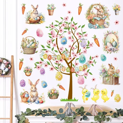 Vista 2 de Calcomanías vintage de Pascua para decoración de pared de conejo, calcomanías de ventana de Pascua, calcomanías de pared de árbol de primavera