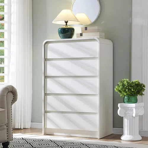 Vista 19 de Aitjunz - Cómoda moderna de 5 cajones para dormitorio, 45 pulgadas de alto, diseño de perfil curvo, cómoda vertical de madera estilo Mid-Century