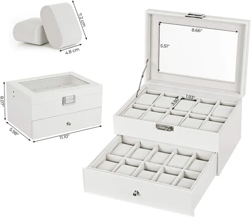 Vista 8 de BEWISHOME Organizador de caja de reloj 20 hombres y mujeres caja de reloj Soporte de almacenamiento Bisagra de metal blanco PU cuero superior