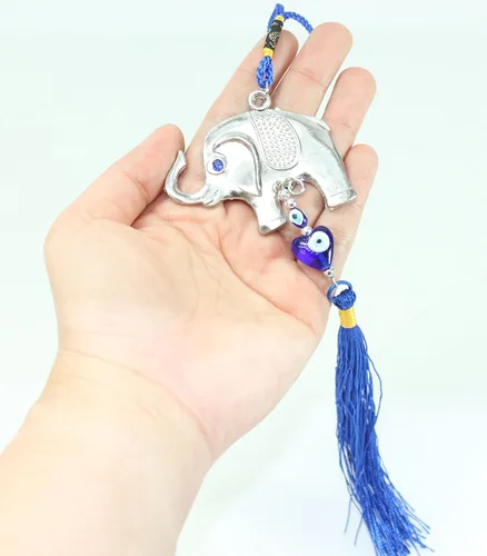 Vista 2 de Amuleto colgante de elefante azul turco (Nazar) para colgar en la pared y el automóvil, decoración del hogar, regalo de bendición
