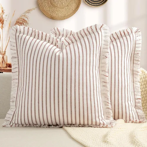Vista 24 de Fundas de almohada ZWJD de 16 x 16 pulgadas, juego de 2 fundas de almohada a rayas con borlas, fundas de almohada de algodón chic, fundas de cojín