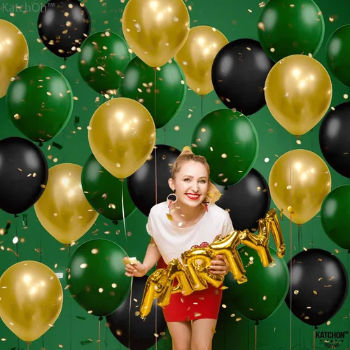 Vista 3 de KatchOn, Globos negros, verdes y dorados, 12 pulgadas, paquete de 65 unidades, globos de fiesta, decoraciones de fiesta de fiesta, decoración