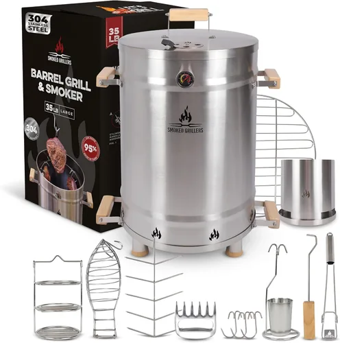 Vista 8 de Combo de parrilla para ahumar barril, barril 100% de acero inoxidable, 95% menos de humo, calor uniforme, fácil de usar y limpiar, ahumador vertical
