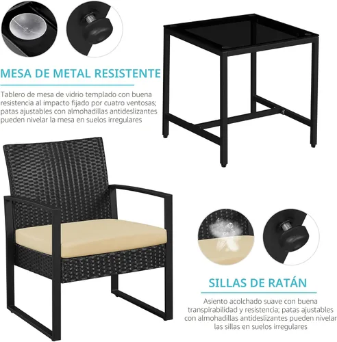 Vista 7 de YAHEETECH - muebles de patio conjuntos para interior o al aire libre. de mimbre moderno, juego de mesa auxiliar bistró, 3 piezas Negro/Caqui