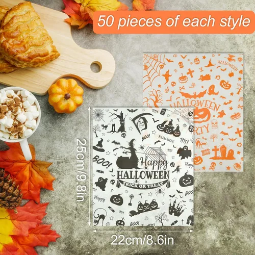 Vista 3 de ASTARON 100 hojas de papel de cera de Halloween para envolver alimentos, envolver dulces, galletas, sándwiches, forro para cesta de comida frita