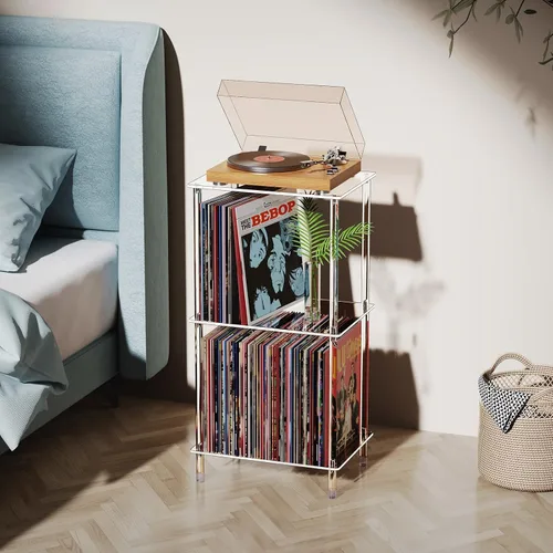 Vista 6 de Soporte acrílico para tocadiscos, mesa giratoria transparente de 3 niveles con almacenamiento de discos de vinilo, 15.75 pulgadas de largo x 11.81