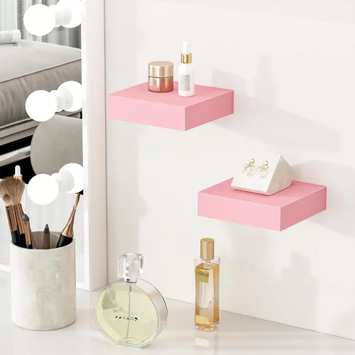Vista 4 de BAMEOS Estantes flotantes rosas para pared, estantes de pared de 6 x 6 pulgadas para habitación, estantes flotantes para libros, estantes colgantes