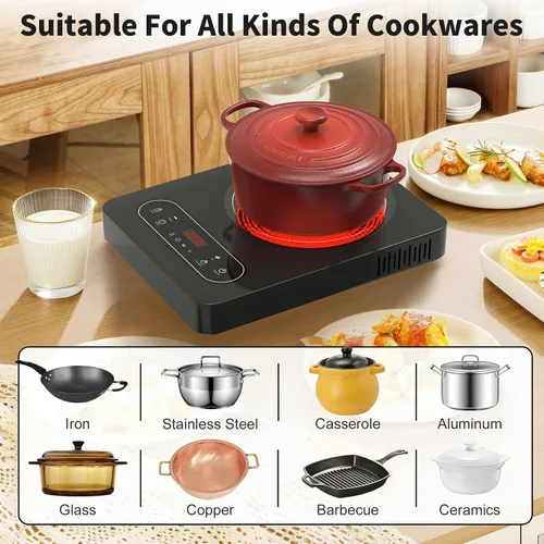 Vista 6 de VBGK - Cocina eléctrica de un solo quemador, estufa eléctrica de 110 V y 1800 W con control táctil LED, 10 niveles de potencia, temporizador de 4 h