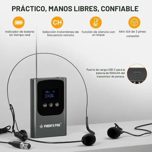 Vista 4 de Phenyx Pro Dual Digital Headset/Sistema de micrófono inalámbrico de solapa PDP-2-2B 2 transmisores de bodypack, mini receptor, 2 x 15 frecuencias