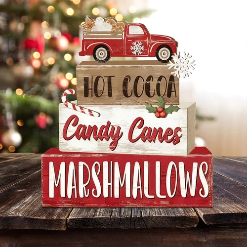 Vista 5 de 4 piezas de decoraciones navideñas para interiores - Decoración de mesa de camión de madera para el hogar - Centro de mesa navideño para la mesa