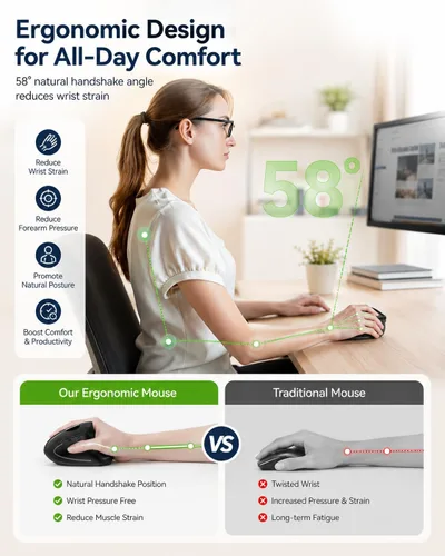 Vista 2 de TECKNET Ratón Ergonómico, Ratón Vertical Inalámbrico Recargable para Túnel Carpiano Mano Derecha, 4800 DPI 5 Niveles Ajustables 2.4GHz con Receptor