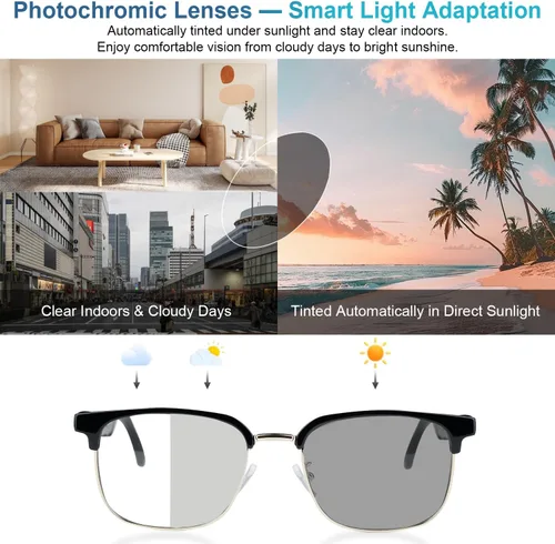 Vista 3 de Gafas inteligentes AI, gafas de audio Bluetooth con traductor en tiempo real para 164 idiomas, sin suscripción para la aplicación, lentes Dorado