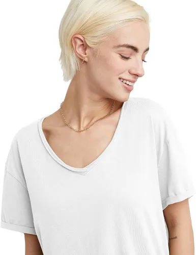 Vista 3 de Hanes Camiseta de manga corta con cuello en V para mujer con borde crudo, 100% algodón