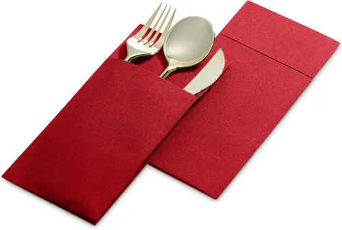 Vista 3 de Paquete de 50 servilletas desechables de lino con bolsillo integrado para cubiertos, color rojo brillante, como servilletas de papel para Navidad