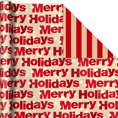 Vista 5 de Hallmark - Paquete de papel de regalo reversible de Navidad (3 rollos: 120 pies cuadrados en total) Felices fiestas, copos de nieve, muñecos