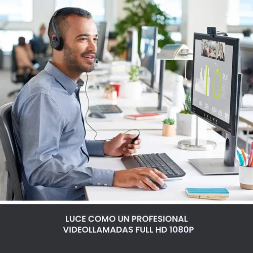 Vista 2 de Cámara web HD Pro C920 Logitech, visualización panorámica 1080P videollamadas y grabación, Negro