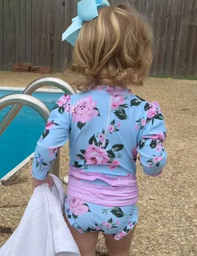 Vista 4 de UNICOMIDEA Traje de baño de manga larga con volantes UPF 50+ de una pieza para niñas de 3 a 24 meses