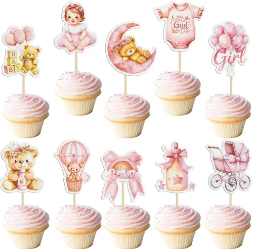 Vista 12 de Gyufise 32 Piezas Decoraciones para Cupcakes de Oso de Baby Shower Luna Oso Bebé Decoraciones de Pastel de Baby Shower Tema de Animales de la Selva