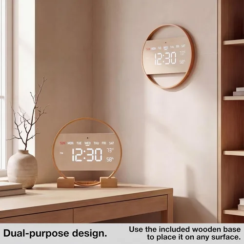 Vista 2 de Driini Reloj de pared digital grande – Reloj de pared de madera de bambú digital redondo con pantalla grande – Reloj de pared LED – Atenuación