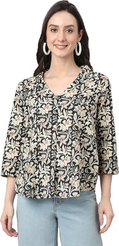 Vista 3 de Janasya Top regular con estampado floral de algodón negro para mujer india