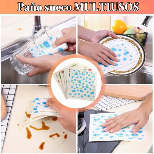 Vista 4 de Patelai Paños de cocina suecos mixtos de frutas reutilizables, absorbentes y de secado rápido, paños de limpieza para cocina, arándano, cereza