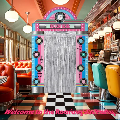Vista 5 de VitalCozy 7 piezas Decoraciones de fiesta de los 50s Banderas de fiesta retro de la década de 1950 para restaurante estilo diner, alfombra a cuadros