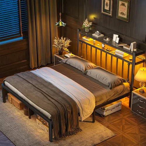 Vista 15 de Homkdom Base de cama de metal de tamaño individual con luces LED inteligentes y cabecera de almacenamiento de 2 niveles, base de colchón resistente