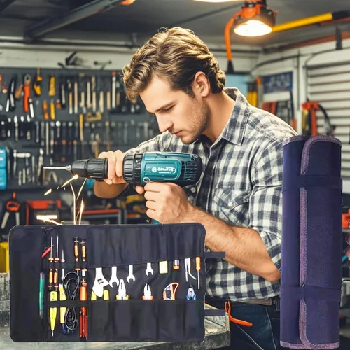 Vista 6 de Bolsa Enrollable de 23 Bolsillos para Herramientas con Bucles Elásticos y Bolsillo con Cremallera - Estuche Organizador Oxford Resistente