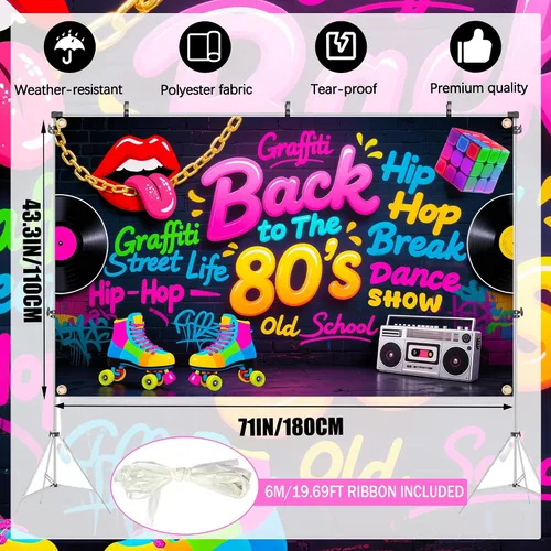 Vista 5 de Fondo de Back to The 80 de 6 x 4 pies con cinta de 19.69 pies Cartel temático retro de los años 80 con ojales y doble costura para decoraciones