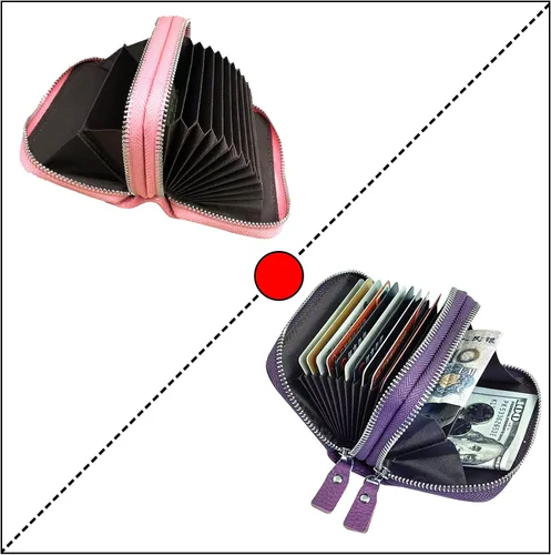 Vista 5 de Cartera de cuero para mujer, con doble tarjeta, tarjetero con cremallera, múltiples compartimentos, bloqueo RFID C-W-1, Rosado, Talla única