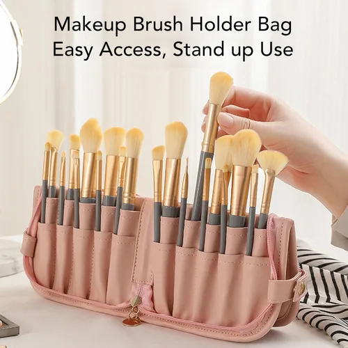 Vista 2 de Agatige 20 Pockets Makeup Brush Organizer, Stand Up Water Proof Travel Cosmetic Brushes Case Toiletry Bags For Women And Men Outdoor