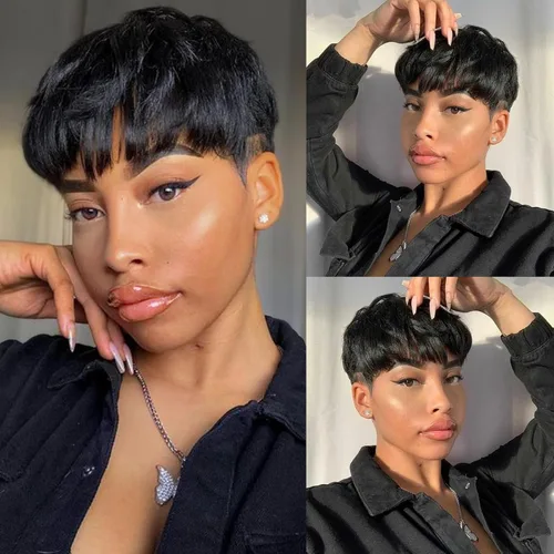 Vista 10 de YOUKNOWIG Peluca corta de corte Pixie en capas, pelucas de cabello humano sin pegamento con corte Pixie para mujeres negras, hechas a máquina, sin