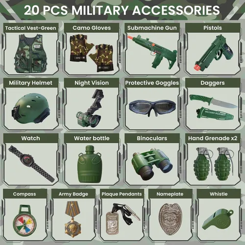 Vista 3 de Disfraz militar de 20 piezas para niños, soldado militar para niños de 3 a 10 años, equipo del ejército para niños, juego de rol, disfraz