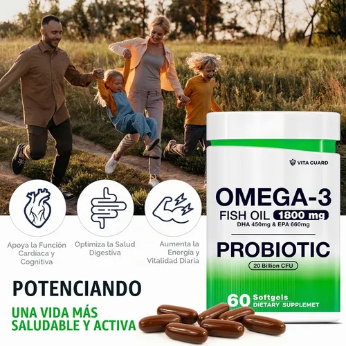 Vista 6 de Aceite de pescado omega-3 con probióticos – 1800 mg de aceite de pescado, 660 mg de EPA, 450 mg de DHA – Soporte para corazón, cerebro e intestinal