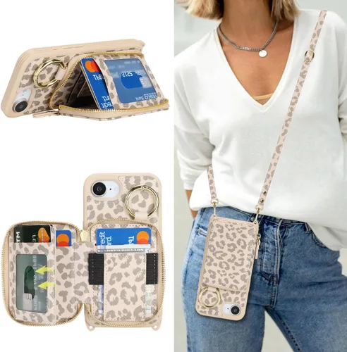 Vista 11 de Funda tipo cartera para iPhone 17e/16e, diseño de leopardo negro Funda de piel sintética con cremallera para bolso, funda con función atril