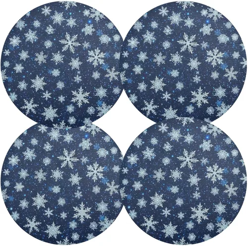 Vista 2 de White Blue Snowflakes Blue Dinner Table Placemats, Heat Resistant Non Slip Circle Washable Placemats for Kitchen one sizex1
