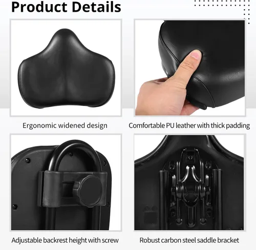 Vista 4 de Asiento de bicicleta con respaldo – Sillín de bicicleta de gran tamaño con soporte de espalda, universal ancho acolchado de poliuretano