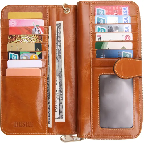 Vista 6 de HESHE Cartera de cuero para mujer, tarjetero de gran capacidad, con cremallera alrededor de la cartera plegable