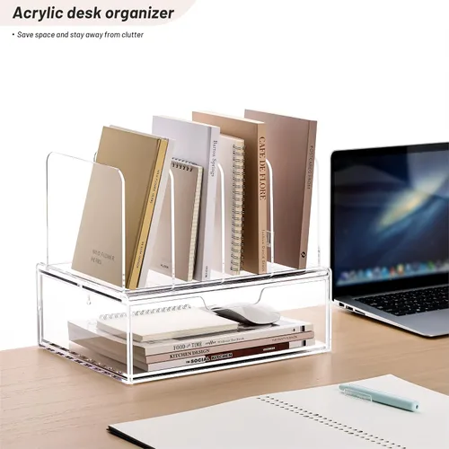 Vista 5 de YUXUN Organizador de escritorio con cajones, organizador de archivos de acrílico con 4 soportes verticales para archivos y 1 cajón deslizante