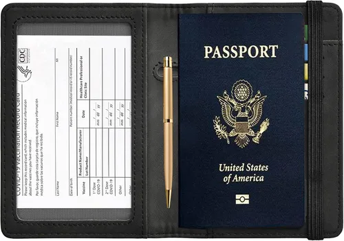 Vista 4 de HerriaT Combo de portatarjetas de pasaporte y vacunación, funda con ranura para tarjeta de vacunación CDC, protector organizador de documentos