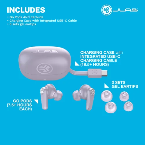 Vista 9 de JLab Go Pods ANC Auridífonos True Wireless Bluetooth con Estuche de Carga, Cancelación Activa de Ruido Híbrida + Sé Consciente para una Escucha Lila
