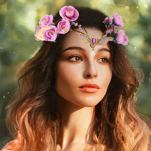 Vista 2 de BARTOSI Diadema de elfo con corona de hadas, diadema de elfo, tocado de bosque, floral, diadema renacentista, disfraz de Halloween, accesorios