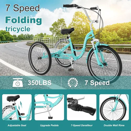 Vista 6 de MOPHOTO Triciclo plegable para adultos, 7 velocidades, 20/24/26 pulgadas, bicicleta de 3 ruedas para personas mayores, mujeres y hombres, bicicleta