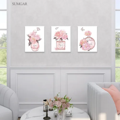 Vista 4 de SUMGAR Arte de pared rosa para dormitorio de niñas, decoración de pared de perfume de moda, flores, mariposas, cuadros de lienzo con marco gris