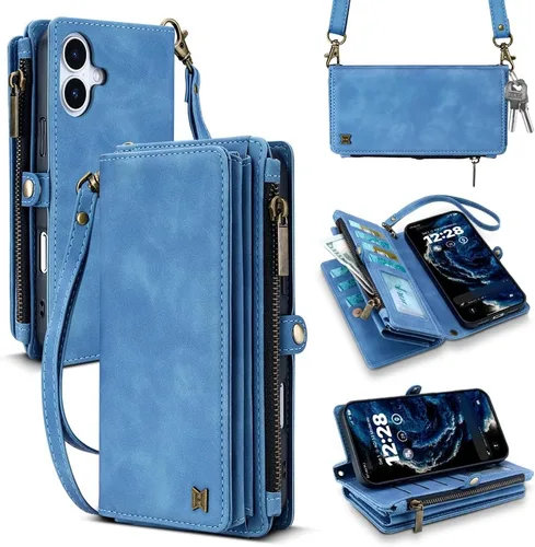 Vista 55 de Funda tipo cartera para iPhone 16 Pro Max con 8 tarjeteros, bloqueo RFID, piel sintética, función atril, abatible, correa de muñeca y correa