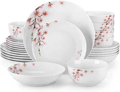 Vista 11 de VEWEET juego de vajilla de porcelana para 4, juego de 12 piezas con platos y cuencos con diseño floral rosa, juego de platos para la cocina ideal