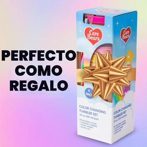 Vista 7 de Silver Buffalo Care Bears Corazones y Estrellas Juego de 4 Vasos de Plástico Cambian de Color con Popotes de Espiral Arcoíris con Tenderheart