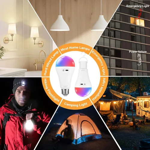 Vista 6 de Bombillas recargables de 5200 mAh para lámparas, bombilla LED de reserva de batería con control remoto, paquete de 4 bombillas de emergencia
