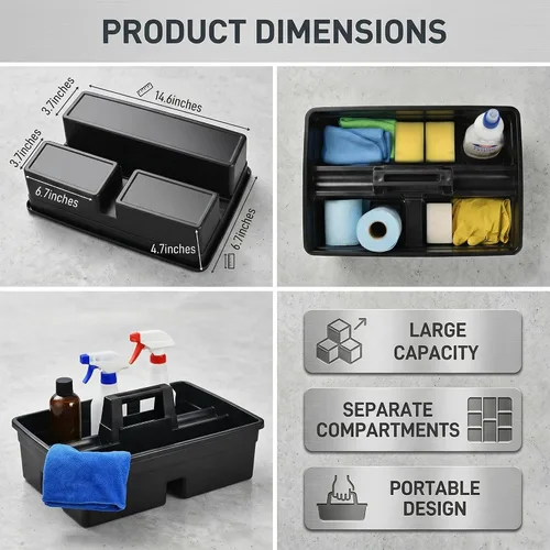 Vista 2 de Cesta de limpieza de plástico con 3 compartimentos – Cubo organizador de herramientas de plástico apilable de calidad comercial grande con asa