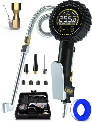 Vista 9 de AZUNO Inflador de neumáticos digital con manómetro, 200 PSI, accesorios de compresor de aire resistentes, con manguera de goma, bloqueo